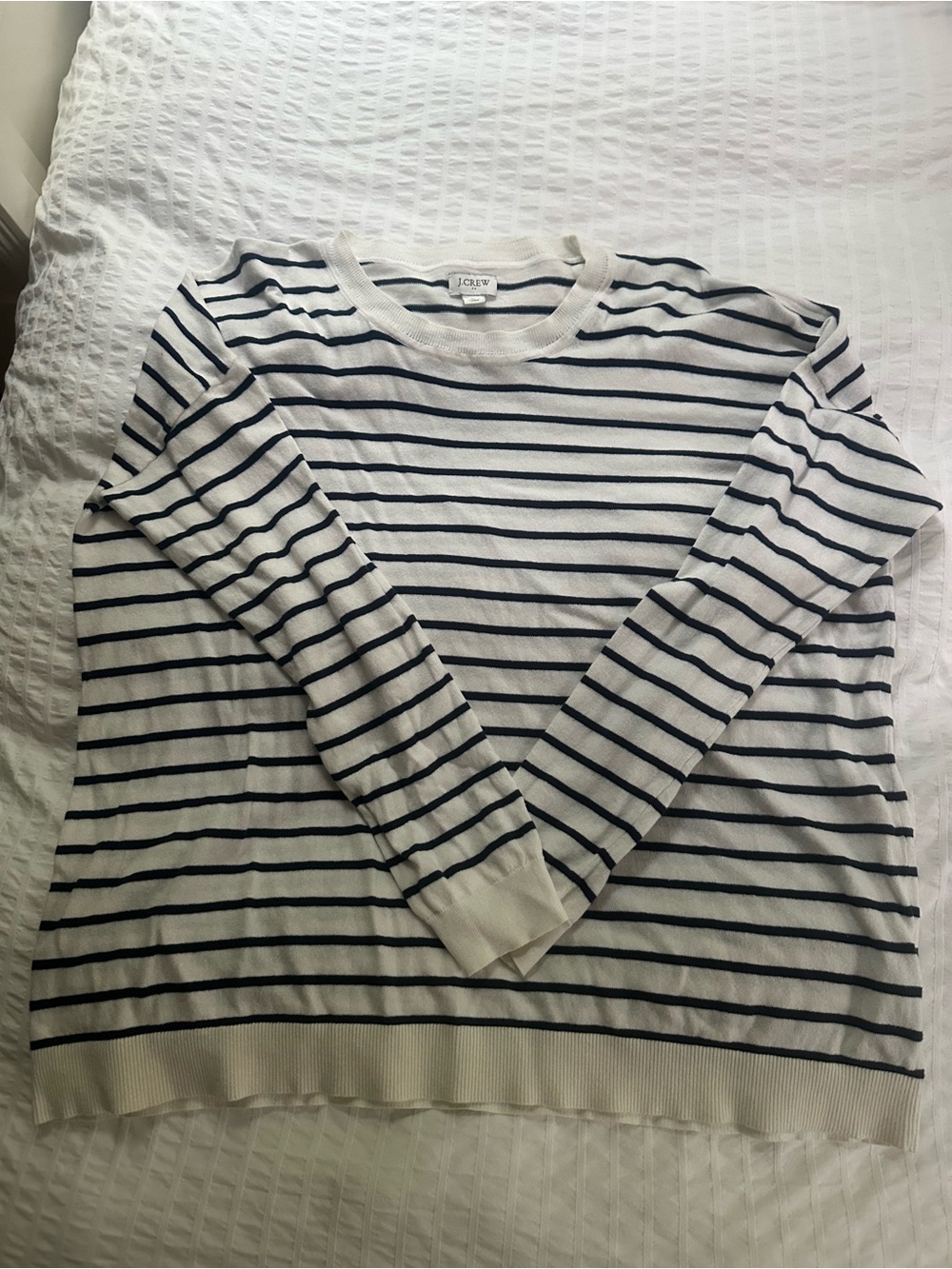 J. Crew White and Navy Striped Crewneck Sweater